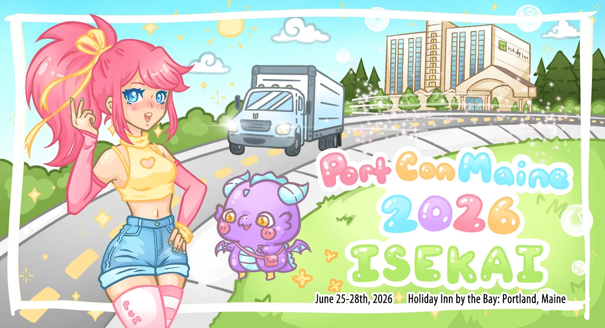 PortConMaine 2026 banner featuring anime mascot characters and Holiday Inn by the Bay with event dates